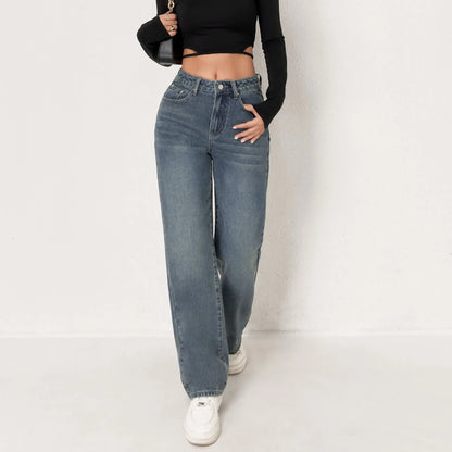 Jeans dritti a gamba larga effetto consumato alla moda per donna, pantaloni in denim casual elasticizzati a zampa d'elefante, bestseller, jeans da donna alla moda