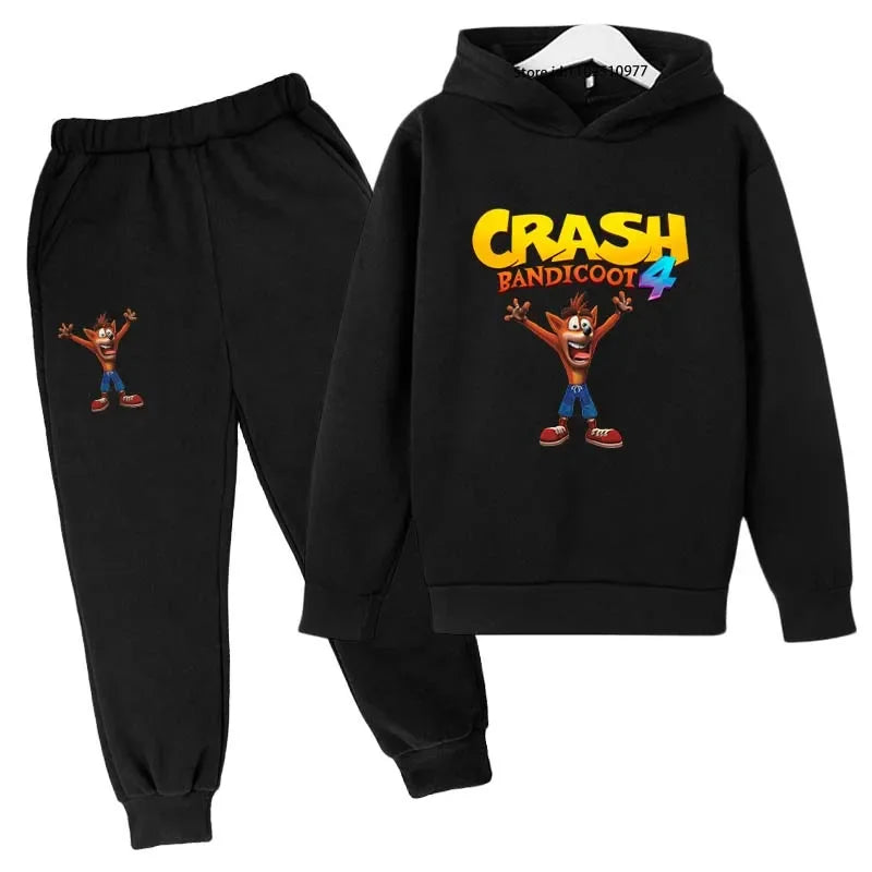 Completo per bambini con felpa con cappuccio e pantaloni a tema Crash Bandicoot, ideale per primavera e autunno, taglie 3-13 anni, abbigliamento casual per bambini e bambine.