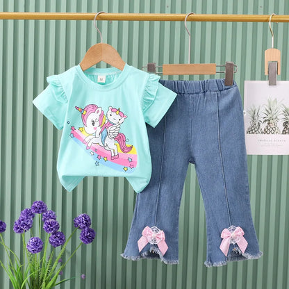 Completo estivo per bambine 2024, composto da maglietta a maniche corte con stampa a cartoni animati e pantaloni da cowboy, per neonate da 0 a 4 anni.
