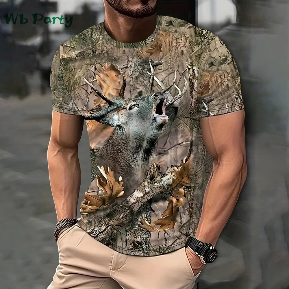 Magliette con grafica di cervi e foresta, stampa 3D, abbigliamento da uomo, girocollo estivo, pullover, magliette alla moda per uomo, top