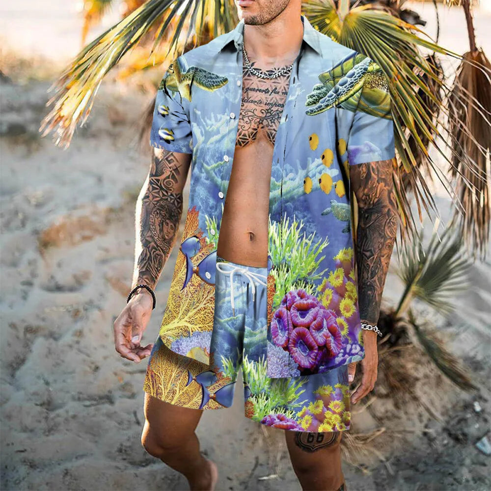 Completo da spiaggia hawaiano da uomo, 2 pezzi: camicia con stampa 3D, maniche corte, pantaloncini da spiaggia, camicia casual, set due pezzi alla moda per le vacanze.