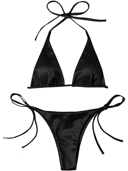 Sexy 13 Colors Halter Satin Brazilian Bikini Women Swimwear Female Swimsuit Two-pieces Bikini set Bather Bathing Suit Swim K4966