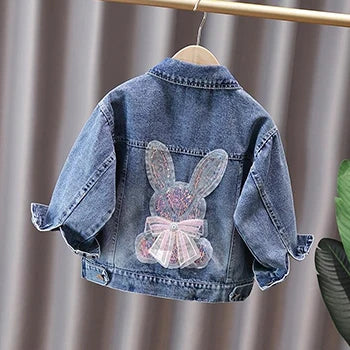 Giacca di jeans per bambine dai 2 ai 12 anni, nuova moda, cappotti in jeans per bambine, grazioso design con coniglietto e fiocco in pizzo, abbigliamento esterno per bambini
