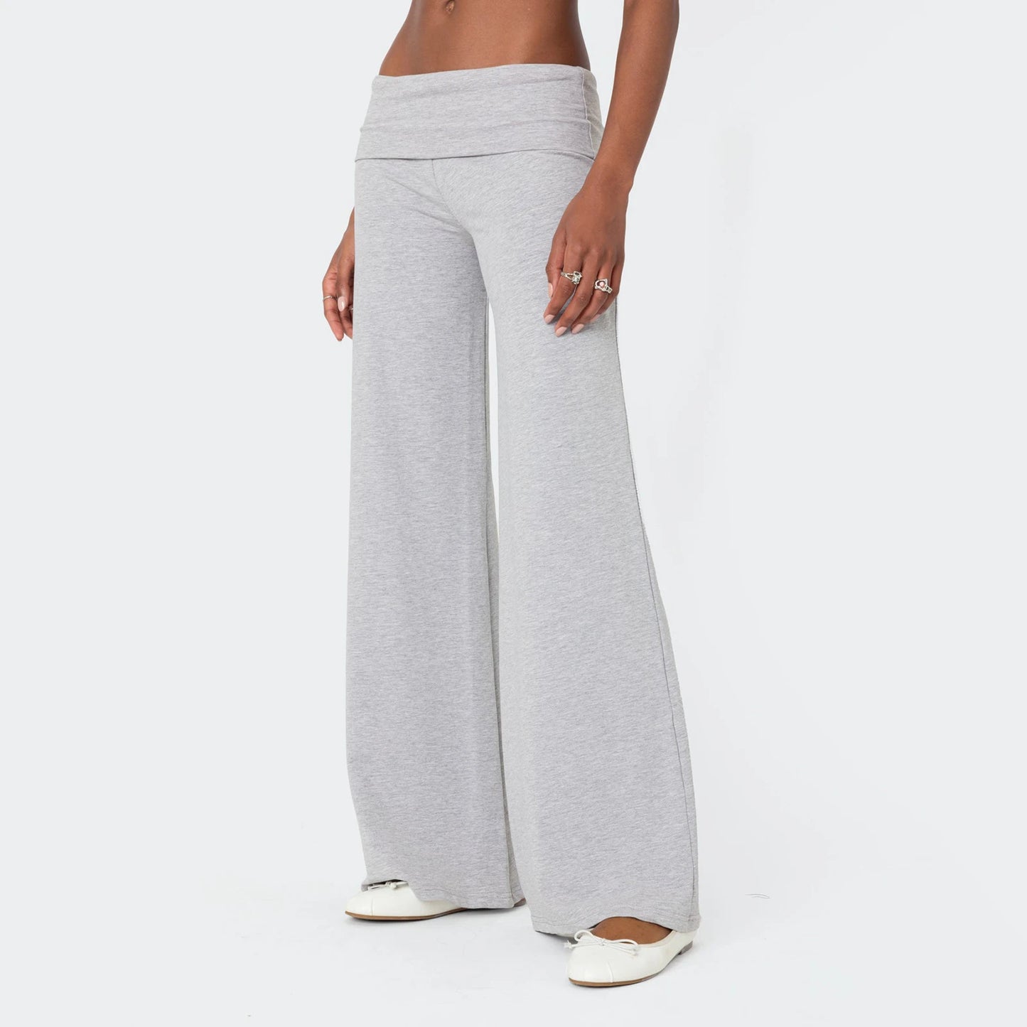Women's Casual Baggy Pants Solid Wide Leg Sweatpants for Women Fold Over Low Rise Flare Yoga Lounge Pants