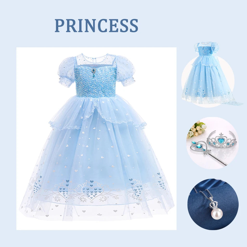 Abito da principessa Elsa per cosplay, blu, in rete con paillettes, per bambina, ideale per feste di compleanno, carnevale e Halloween, adatto a bambini dai 2 ai 10 anni.