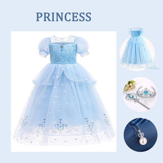 Abito da principessa Elsa per cosplay, blu, in rete con paillettes, per bambina, ideale per feste di compleanno, carnevale e Halloween, adatto a bambini dai 2 ai 10 anni.