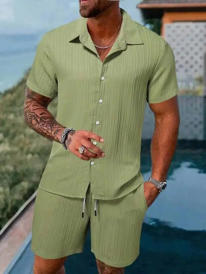 Completo estivo da uomo europeo e americano, casual, ampio, con camicia e pantaloncini, ad asciugatura rapida e traspirante, perfetto per le vacanze.