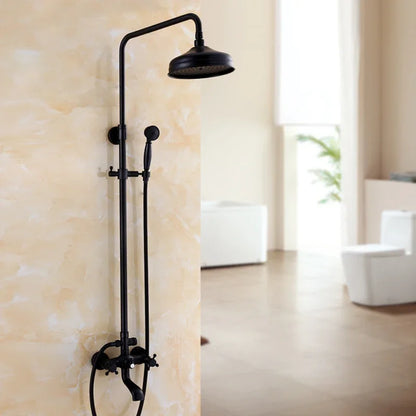 Bathroom Antique Black Painting Brass Lifting Column Wall Mount Shower Set 8" 3-Functions Hot Cold Rainfall Shower Mixer Tap
