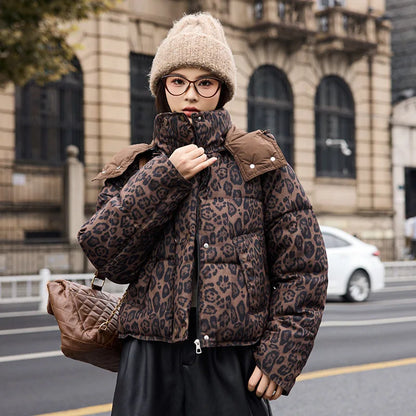 American Retro Short Cotton Jacket Women's Leopard Print Loose Hooded Padded Clothes Fashion Stand Collar Thickened Quilted Coat
