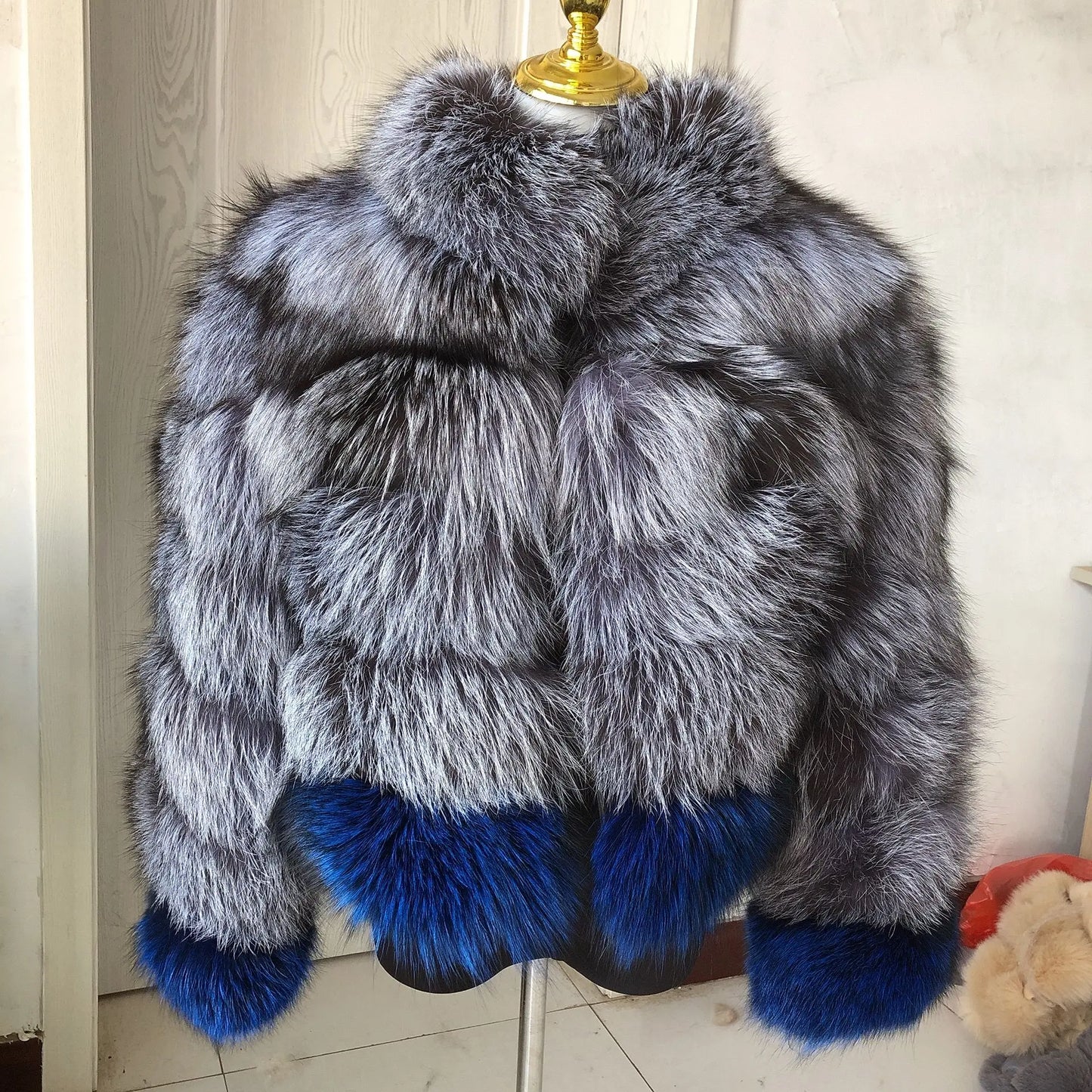 Nuovo cappotto invernale in pelliccia naturale da donna alla moda, con collo misto in volpe argentata, di alta qualità, in vera pelliccia, di lusso da donna