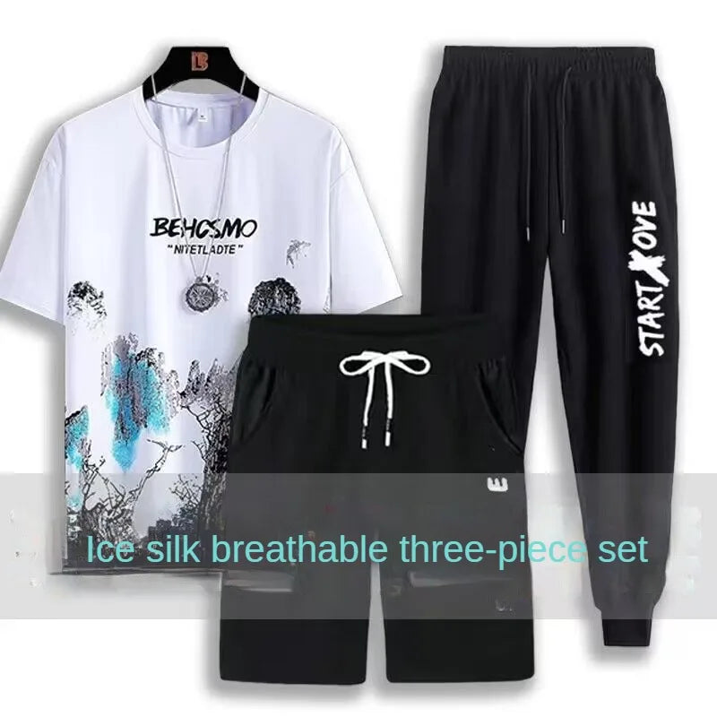 Completo sportivo da tre pezzi per ragazzi, composto da pantaloncini ad asciugatura rapida, t-shirt a maniche corte alla moda e abbigliamento casual estivo leggero per studenti.