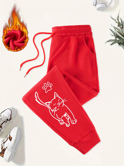 Cute Cat And Paw Print Prints Sweatpants Women Basics Jogger Pants Comfortable Fleece Loose Trousers Autumn Winter Woman Clothes