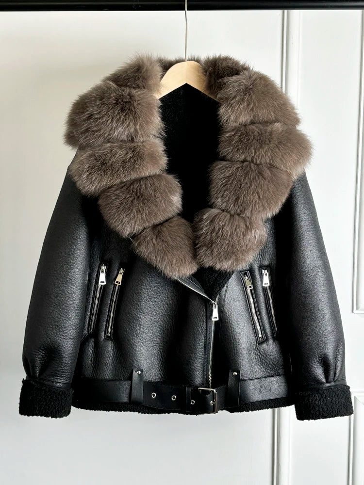 Janveny 2024 Winter Fake Leather Coat Real Natural Fox Fur Collar Cuff Women Thick Warm Large Lapel Fur Lining Leather Jacket