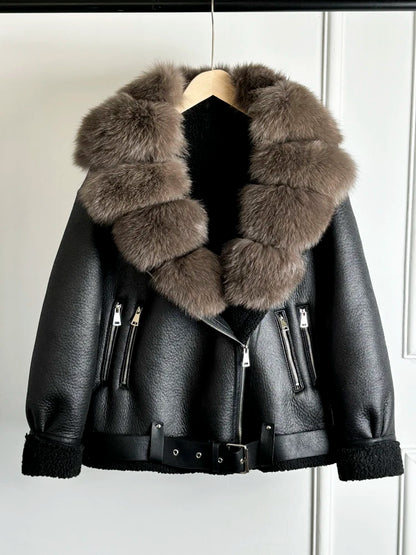 Janveny 2024 Winter Fake Leather Coat Real Natural Fox Fur Collar Cuff Women Thick Warm Large Lapel Fur Lining Leather Jacket