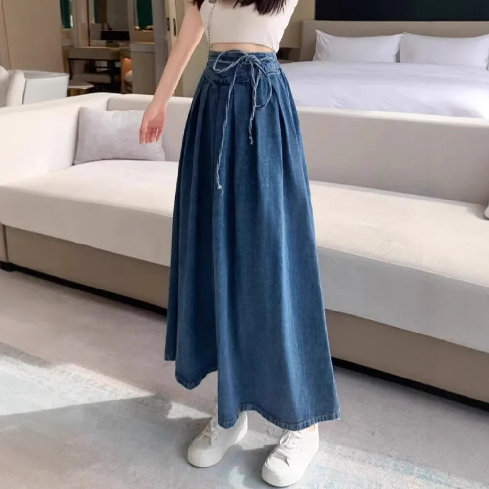 Plus Size Denim Pleated High Waist Midi Skirt Women's Design Sense Half Body Skirt Hip Conceal Slim a Line Skirt