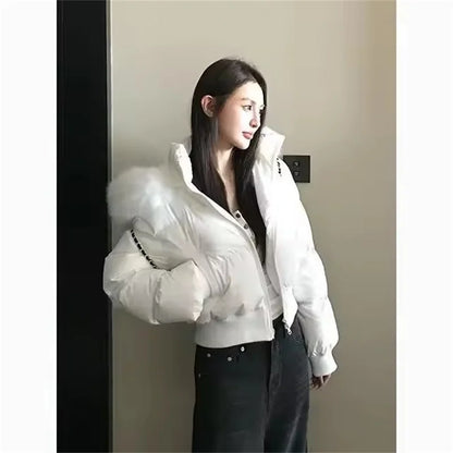 Simple Solid Short Parka Coat Fashion Winter Clothes Zipper Hooded Fur Collar Cotton Padded Coat Women Jacket Street