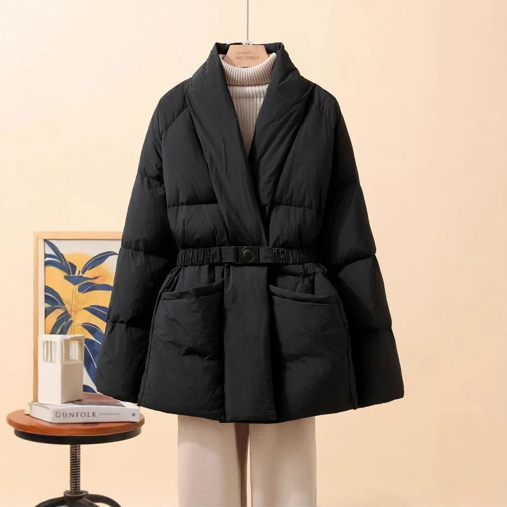 Nuovo cappotto invernale da donna in cotone, caldo, tinta unita, con scollo a V, vita arricciata, parka con cintura.