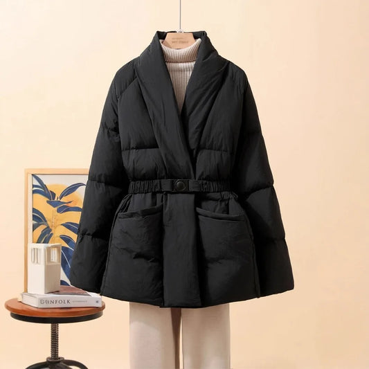 Nuovo cappotto invernale da donna in cotone, caldo, tinta unita, con scollo a V, vita arricciata, parka con cintura.