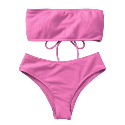 Women Beach Suit Chest Pad No Underwire High Waist Bathing Two-piece Set Bandeau Swimming Trunks Split Bikini Set Beachwear 80%