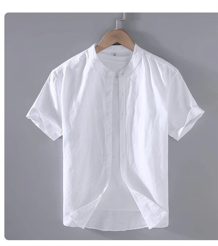 Camicia da uomo in cotone e lino a maniche corte, estiva, stile streetwear, tinta unita, collo alto, casual, stile spiaggia, taglie forti dalla M alla 3XL
