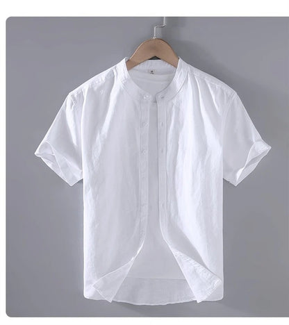 Camicia da uomo in cotone e lino a maniche corte, estiva, stile streetwear, tinta unita, collo alto, casual, stile spiaggia, taglie forti dalla M alla 3XL