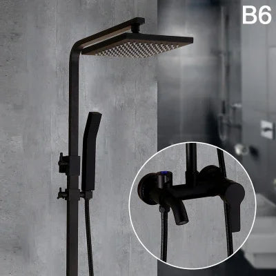 Bathroom Antique Black Painting Brass Lifting Column Wall Mount Shower Set 8" 3-Functions Hot Cold Rainfall Shower Mixer Tap