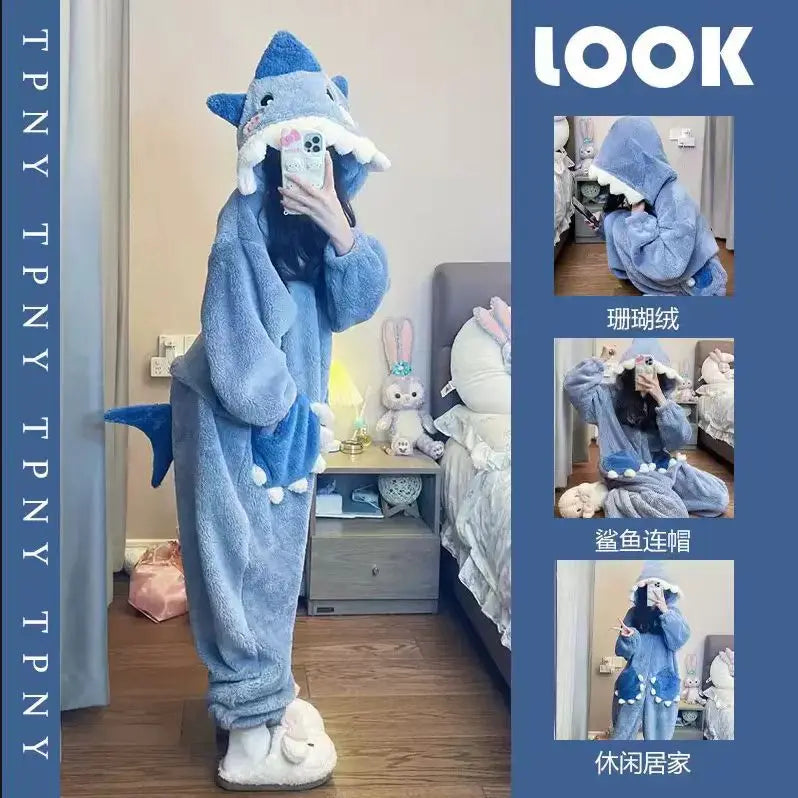 Kawaii Hangyodon Plush Siamese Pajamas Hooded Jumpsuit Pajamas Sanrioed Anime Cartoon Coral Velvet Homewear Thickened Nightgown