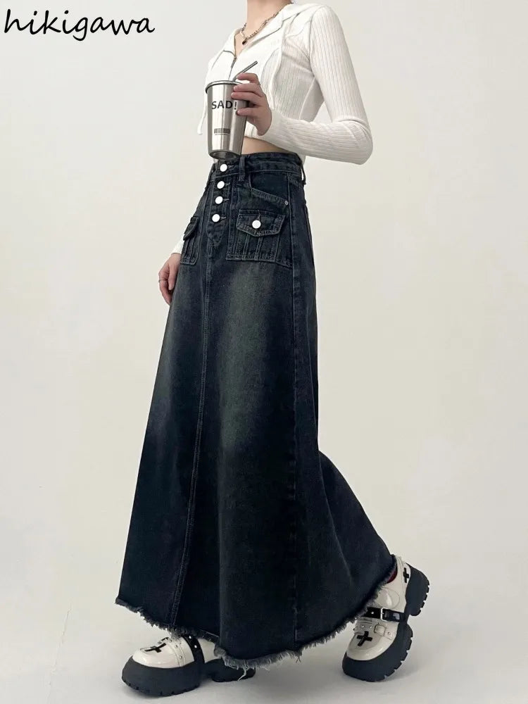 Streetwear Y2k Skirt for Women 2025 Ropa Mujer High Waist A-line Vintage Jupe Fashion Casual Korean Saia Long Denim Skirts 7n185