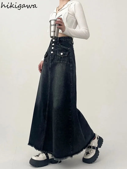 Streetwear Y2k Skirt for Women 2025 Ropa Mujer High Waist A-line Vintage Jupe Fashion Casual Korean Saia Long Denim Skirts 7n185
