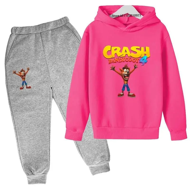 Completo per bambini con felpa con cappuccio e pantaloni a tema Crash Bandicoot, ideale per primavera e autunno, taglie 3-13 anni, abbigliamento casual per bambini e bambine.