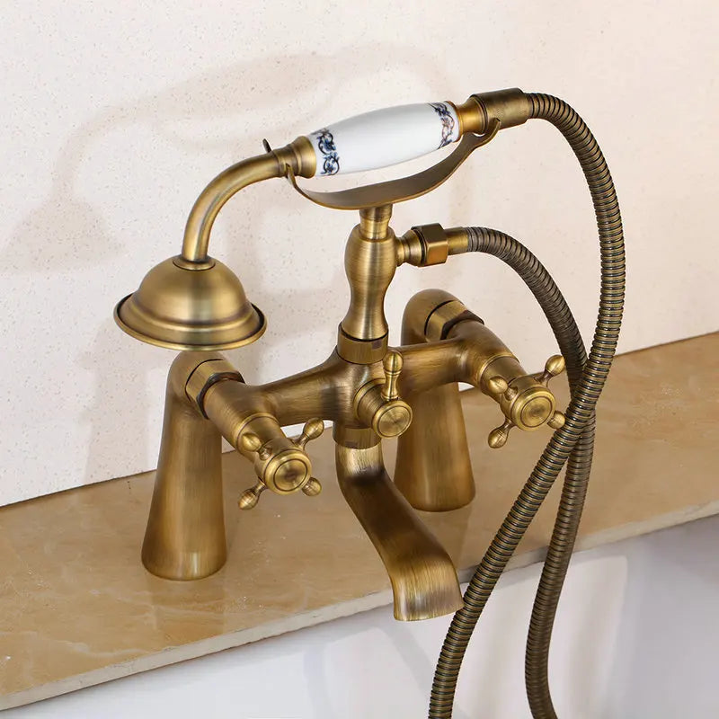 JIENI Bathtub Shower Faucet 2 Handles Telephone Style Faucets  Multiple Style Deck Mounted Hot Cold Tap W/ Handheld Showerhead