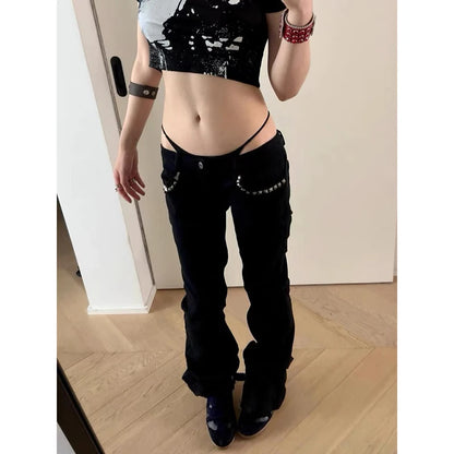 ZHIZOU Jeans da donna a vita bassa, neri, svasati, in denim, stile Gyaru, retrò americano, coreano, cyberpunk, a tromba, jeans skinny a campana, stile Y2k