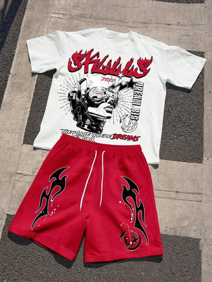 Summer men's fashionable breathable comfortable letter printed round neck T-shirt shorts set outdoor casual top