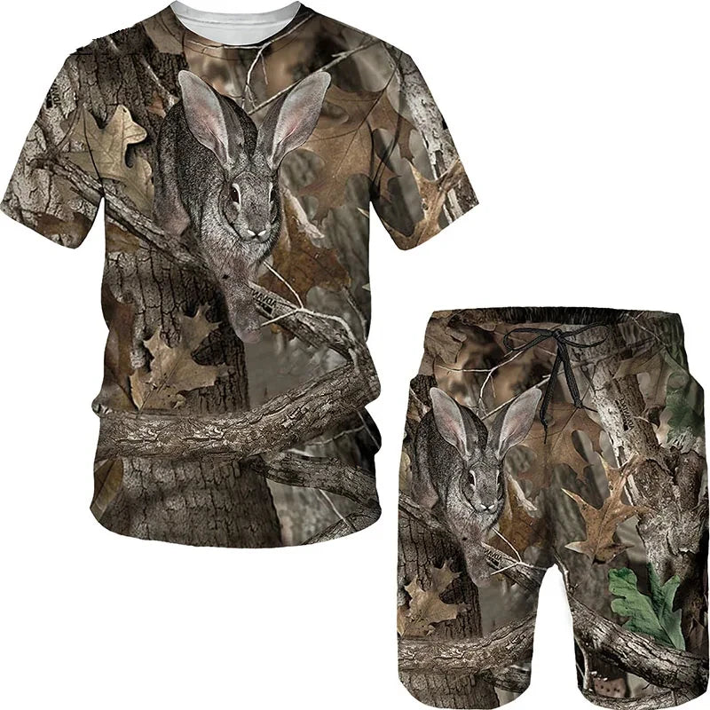 Animal Wild Boar Fox 3D Print 2Pcs set Camouflage Hunting T-Shirt Sets Fashion Men O-Neck Tracksuit Oversized Man Sweatshirt