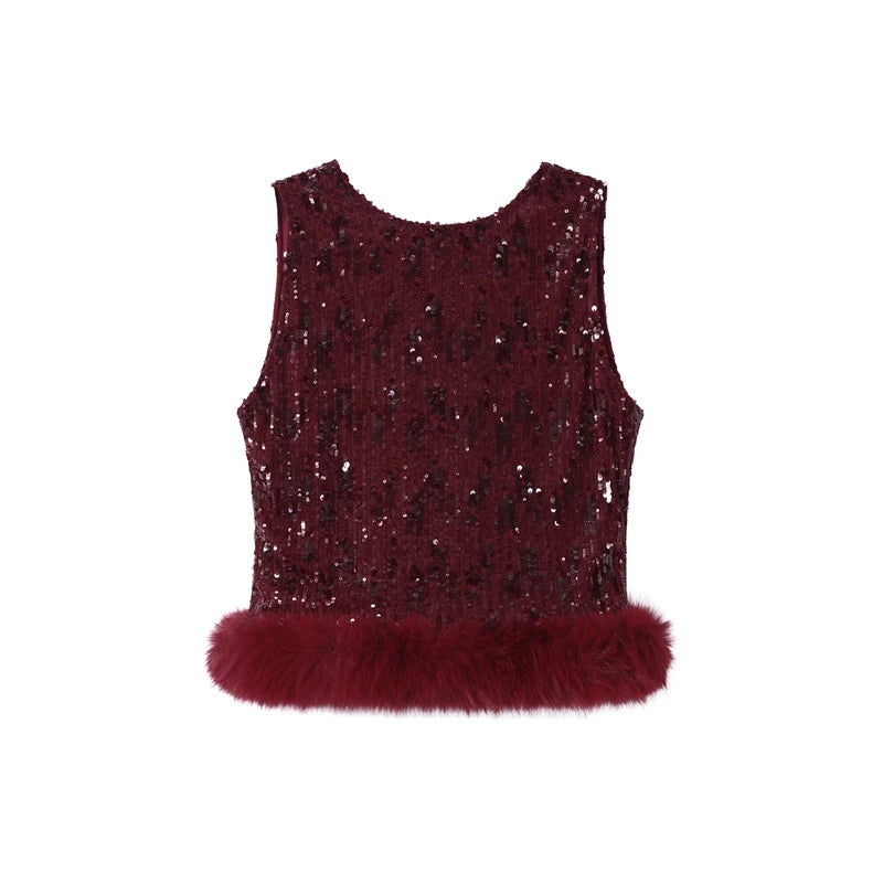 Completo da donna elegante con gilet, pantaloni lunghi, paillettes, patchwork, senza schienale, senza maniche, gamba larga, 2 pezzi