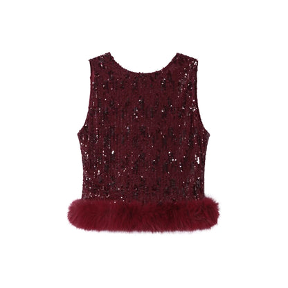 Completo da donna elegante con gilet, pantaloni lunghi, paillettes, patchwork, senza schienale, senza maniche, gamba larga, 2 pezzi