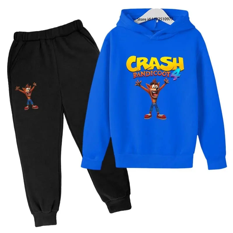 Completo per bambini con felpa con cappuccio e pantaloni a tema Crash Bandicoot, ideale per primavera e autunno, taglie 3-13 anni, abbigliamento casual per bambini e bambine.