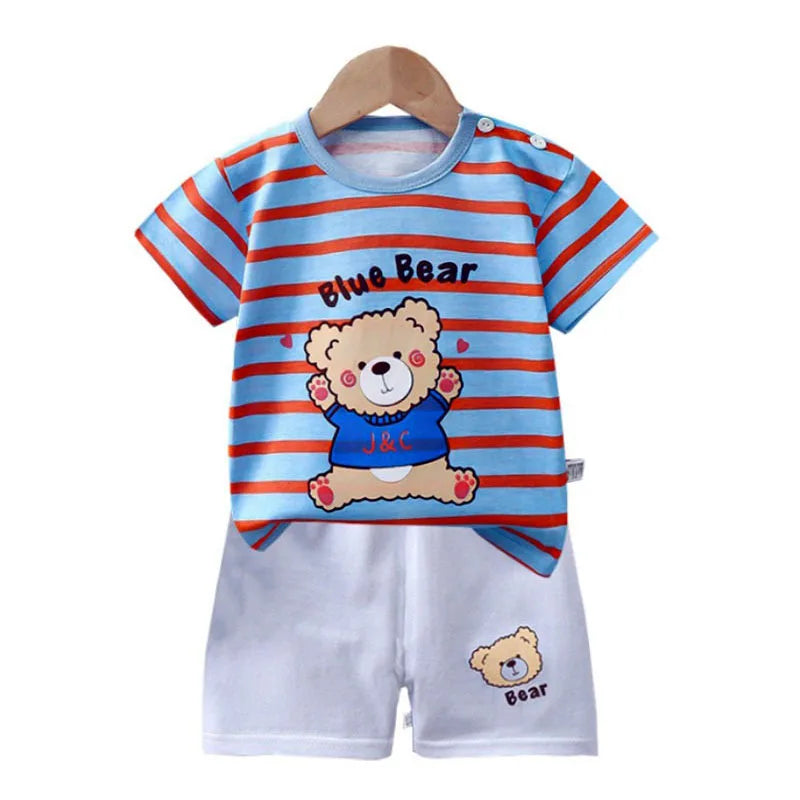 Completo pigiama 2 pezzi maglietta + pantaloncini in cotone con orsetto e dinosauro dei cartoni animati per bambini e bambine, tuta estiva casual per bambini e bambine da 1 a 4 anni