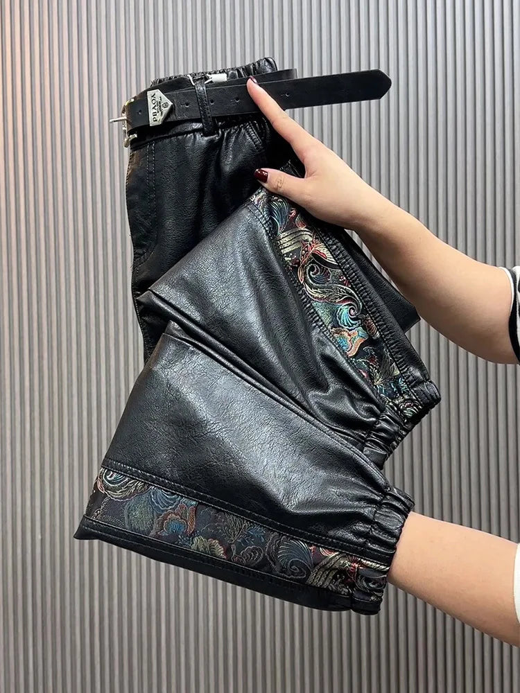 Pantaloni in pelle a vita alta da donna per autunno/inverno, modello ampio e aderente, stile cinese, gamba dritta, pantaloni casual in ecopelle.