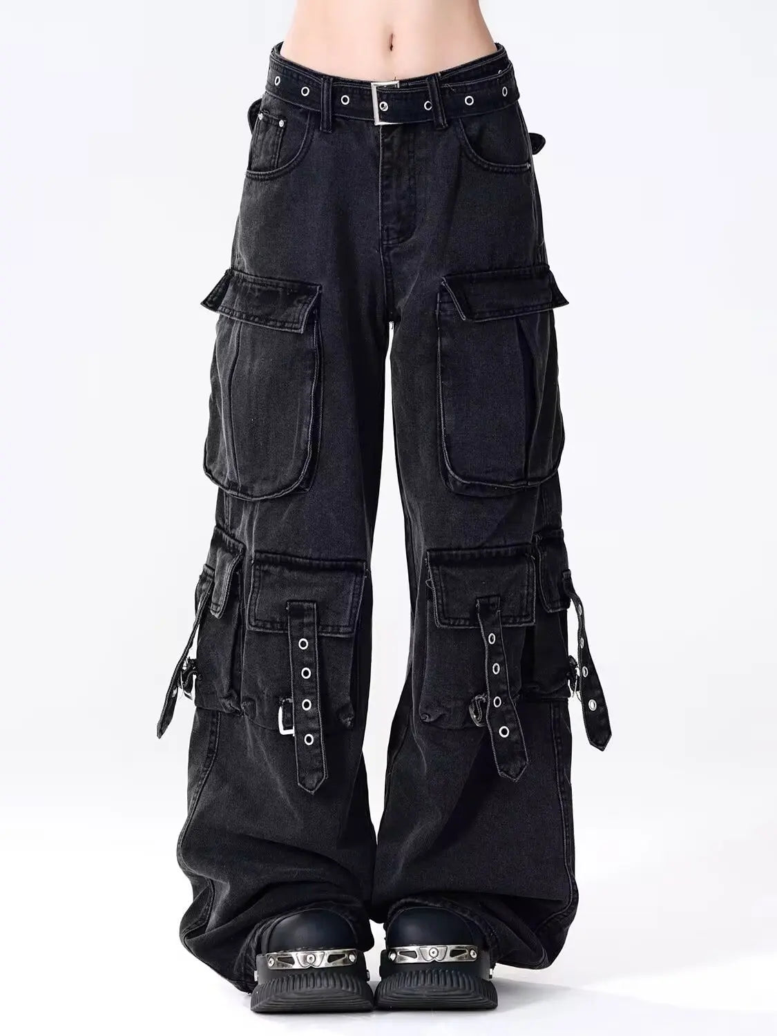 Jeans cargo multitasche stile vintage americano Y2k da donna, stile Gyaru, stile grunge anni 2000, pantaloni in denim dritto