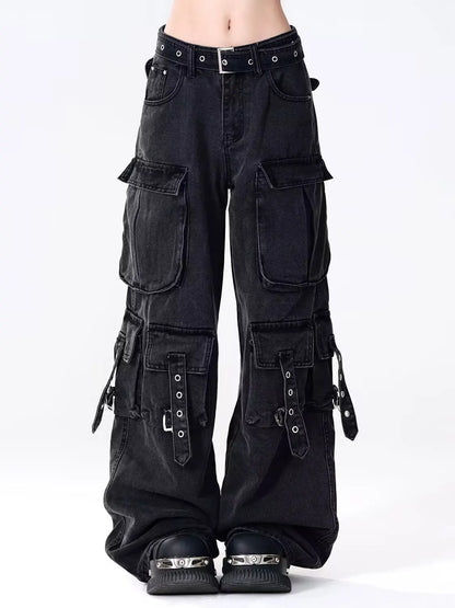 Women Y2k American Retro Mutil Pockets Cargo Jeans American Vintage Gyaru 2000s Aesthetic Grunge Jeans Straight Denim Pants