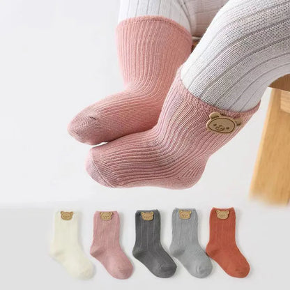 Calzini per neonati con orsetto, caldi per le gambe, autunnali, lunghi, in cotone morbido, tinta unita, primi passi, calzatura per neonati.