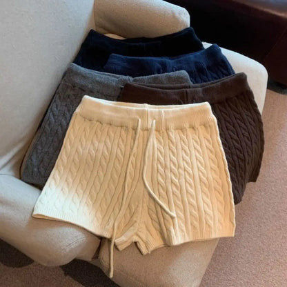 High Waist Drawstring Knitted Shorts Women's Basic Solid Color Casual Shorts American Style Autumn New Arrival Polyester Fiber