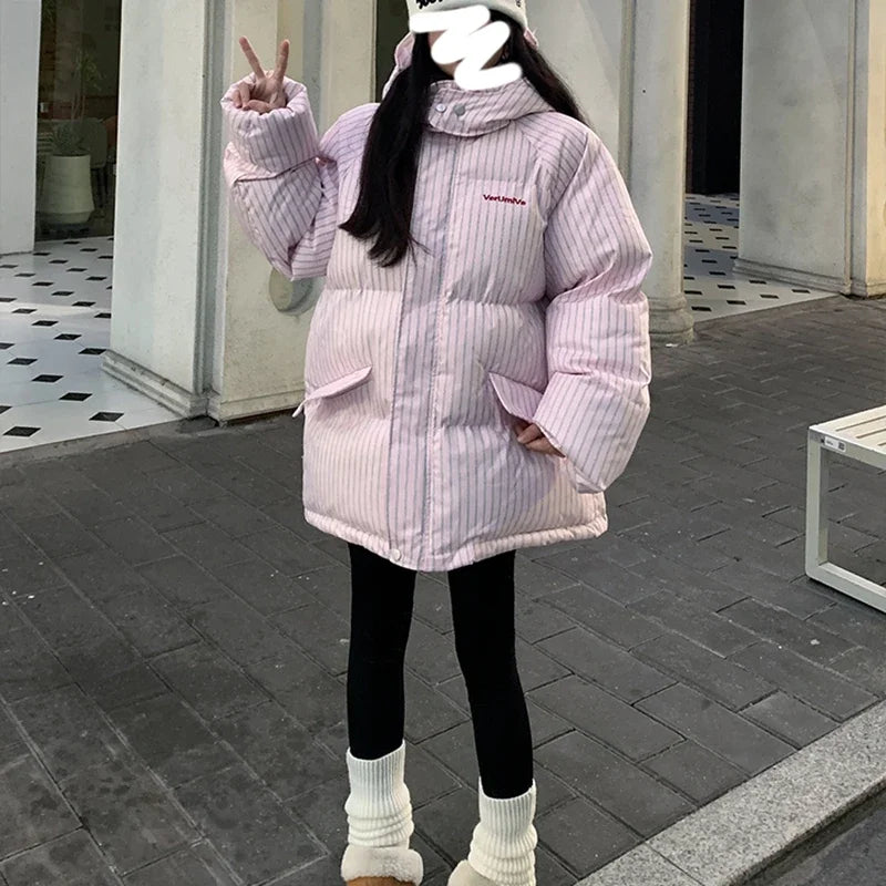 Overcoat 2025 Parkas Fashion Temperament Striped Warm Hooded Women's Quilted Cotton Coat Winter Loose Casual Women Cotton Coat
