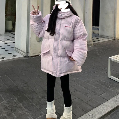 Overcoat 2025 Parkas Fashion Temperament Striped Warm Hooded Women's Quilted Cotton Coat Winter Loose Casual Women Cotton Coat