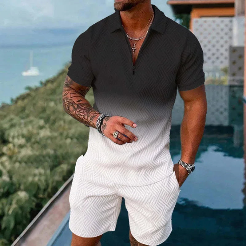 Interessante set da uomo a maniche corte con stampa a quadri 3D, camicia polo con cerniera alla moda, completo estivo ampio, set di t-shirt Ropa Hombre