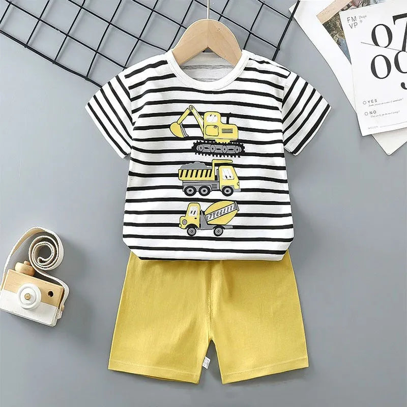 Completo pigiama 2 pezzi maglietta + pantaloncini in cotone con orsetto e dinosauro dei cartoni animati per bambini e bambine, tuta estiva casual per bambini e bambine da 1 a 4 anni