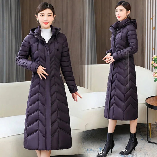 Women 2023 New Winter Long Plaid Parkas Loose Thicken Warm Hooded Coats Casual Zip Up Windproof Black White Down Jackets
