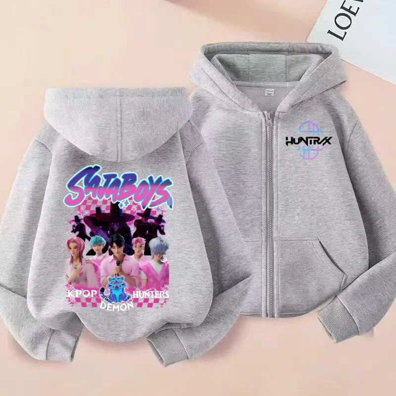 Felpa con zip stampata HUNTRX con la boy band coreana SajaBoys, cardigan con cappuccio alla moda KPOP Demon Hunters.