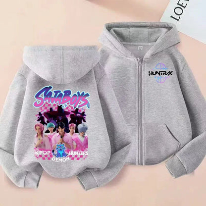 Felpa con zip stampata HUNTRX con la boy band coreana SajaBoys, cardigan con cappuccio alla moda KPOP Demon Hunters.